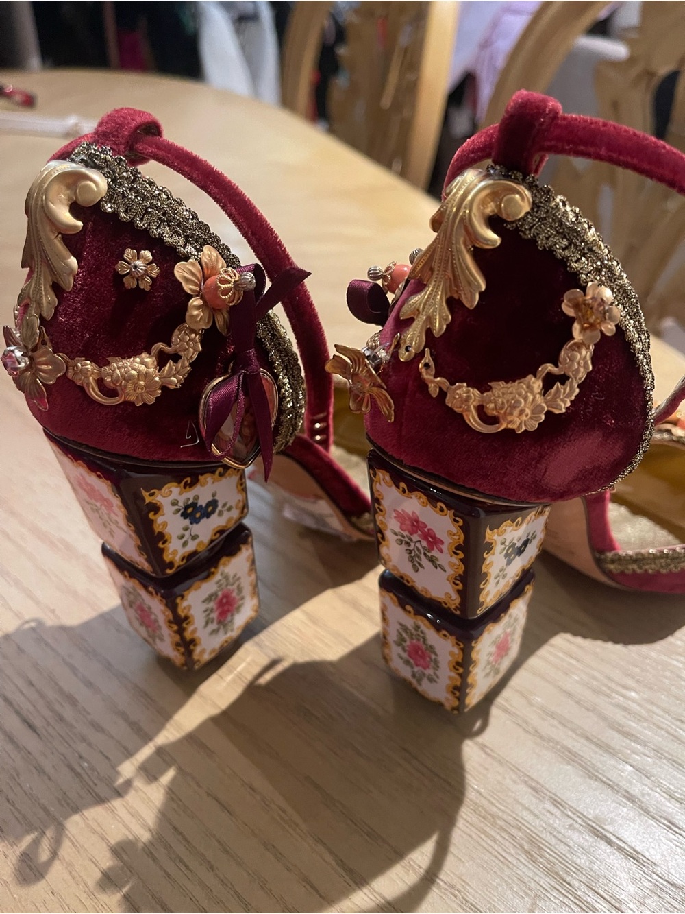 Dolce & Gabbana Red Velvet Floral-Embellished Ankle-Strap Heels IT size 39 - Picture 3 of 8